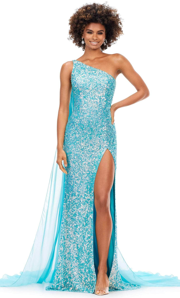Ashley Lauren 11371 - Asymmetric Sequin Prom Gown With Cape Prom Gown 0 / Ab/Turquoise