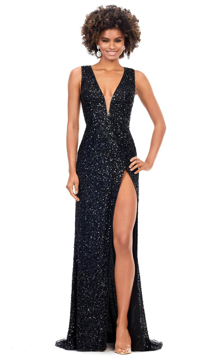 Ashley Lauren 11373 - Deep V-neck Sleeveless Evening Dress Special Occasion Dress 00 / Black