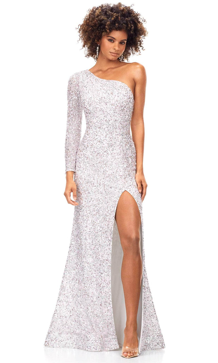 Ashley Lauren 1977 - Sequined Asymmetric Neck Evening Gown Evening Gown 00 / Ab/Ivory