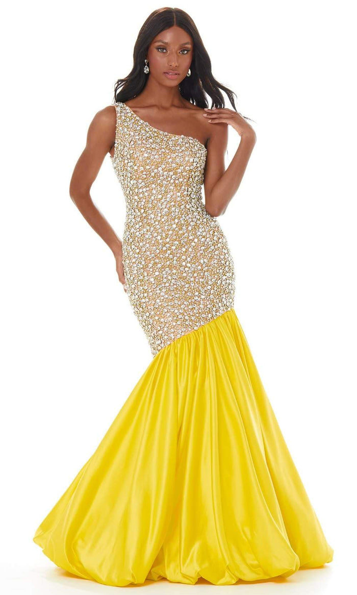 Ashley Lauren - 1981 One Shoulder Crystal Studded Trumpet Gown Evening Dresses 0 / Yellow