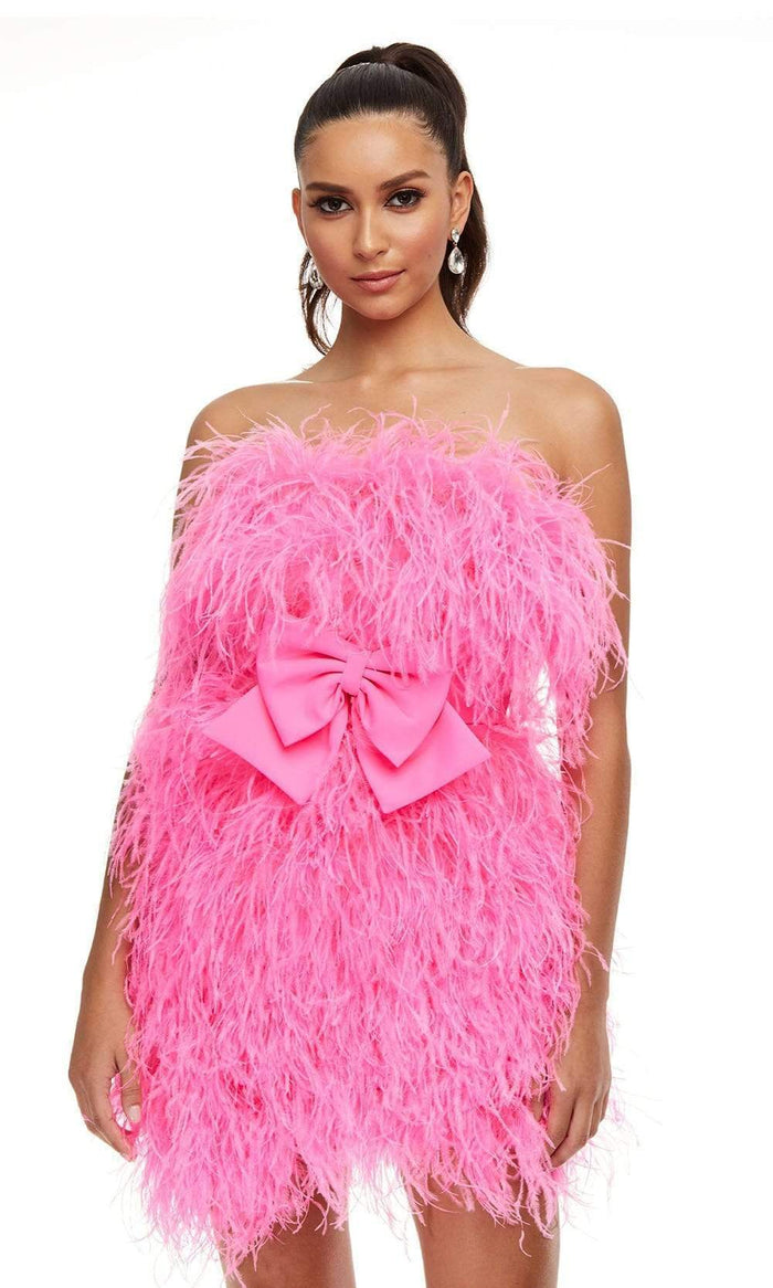 Ashley Lauren - 4467 Strapless Feather Designed Party Dress Homecoming Dresses 0 / Hot Pink