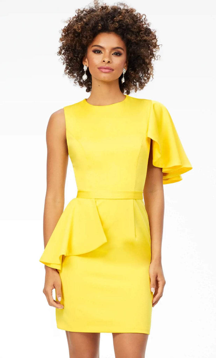 Ashley Lauren 4476 - Single Flounce Sleeve Short Dress Cocktail Dresses 0 / Yellow