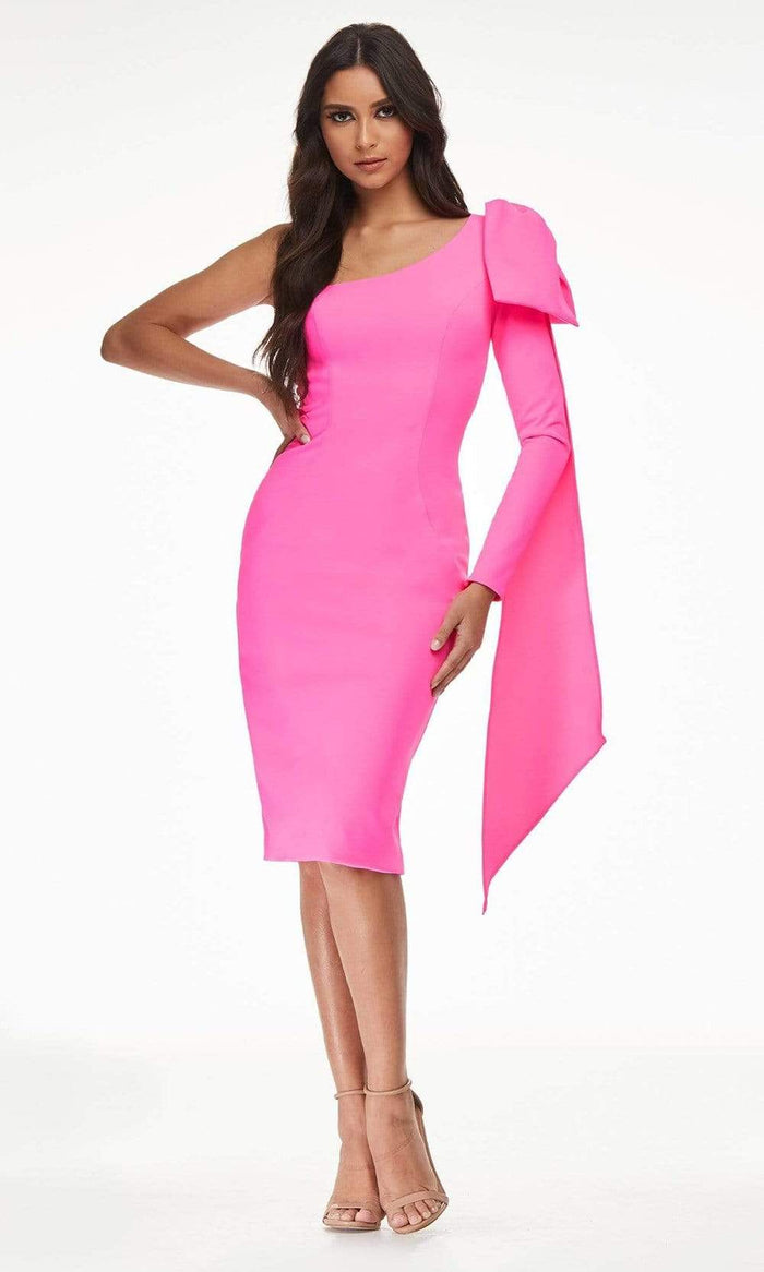 Ashley Lauren - 4480 Bow Tie Single Shoulder Midi Dress Cocktail Dresses 0 / Hot Pink