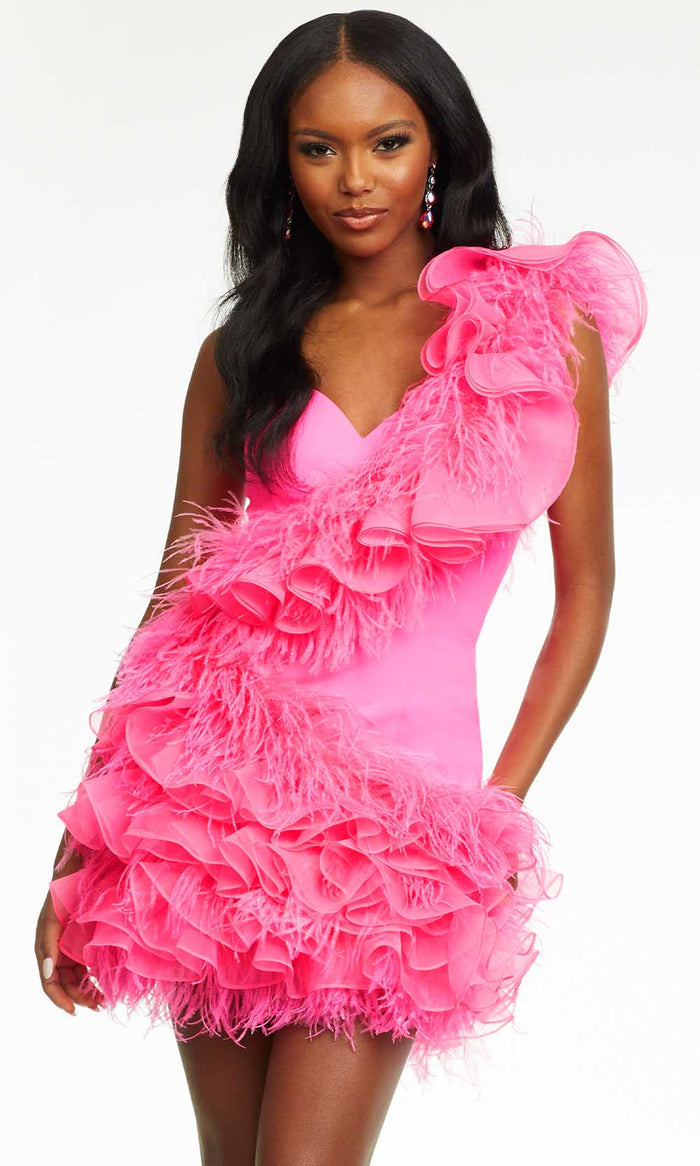 Ashley Lauren - 4482 Sweetheart Ruffled Feather Dress Homecoming Dresses 0 / Hot Pink