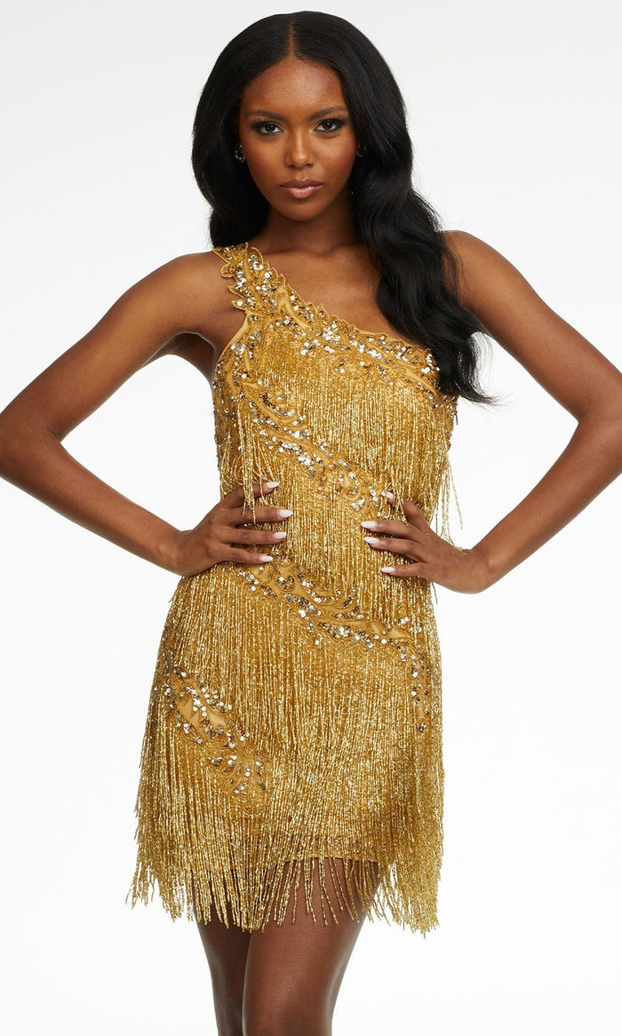 Ashley Lauren - 4484 Asymmetric Fringe Short Dress Homecoming Dresses 0 / Gold/Silver