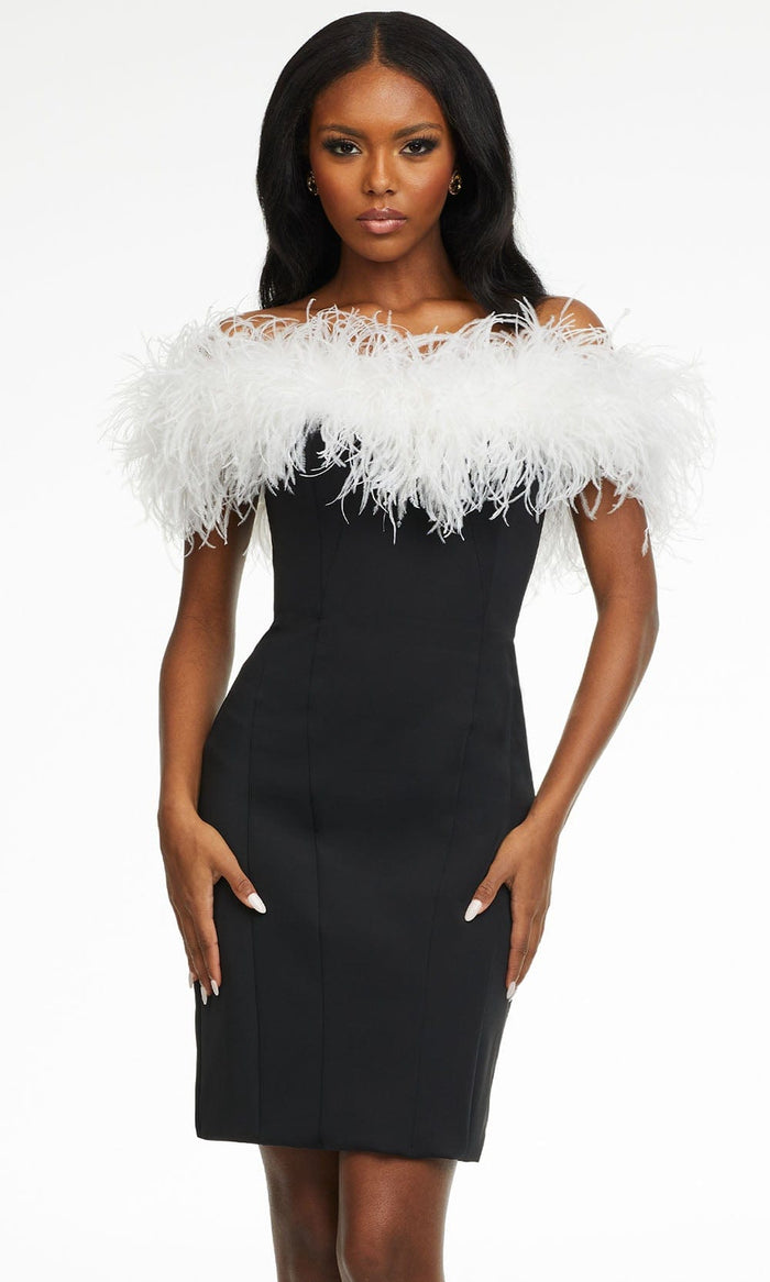Ashley Lauren - 4490 Off Shoulder Feather Short Dress Cocktail Dresses 0 / White/Black