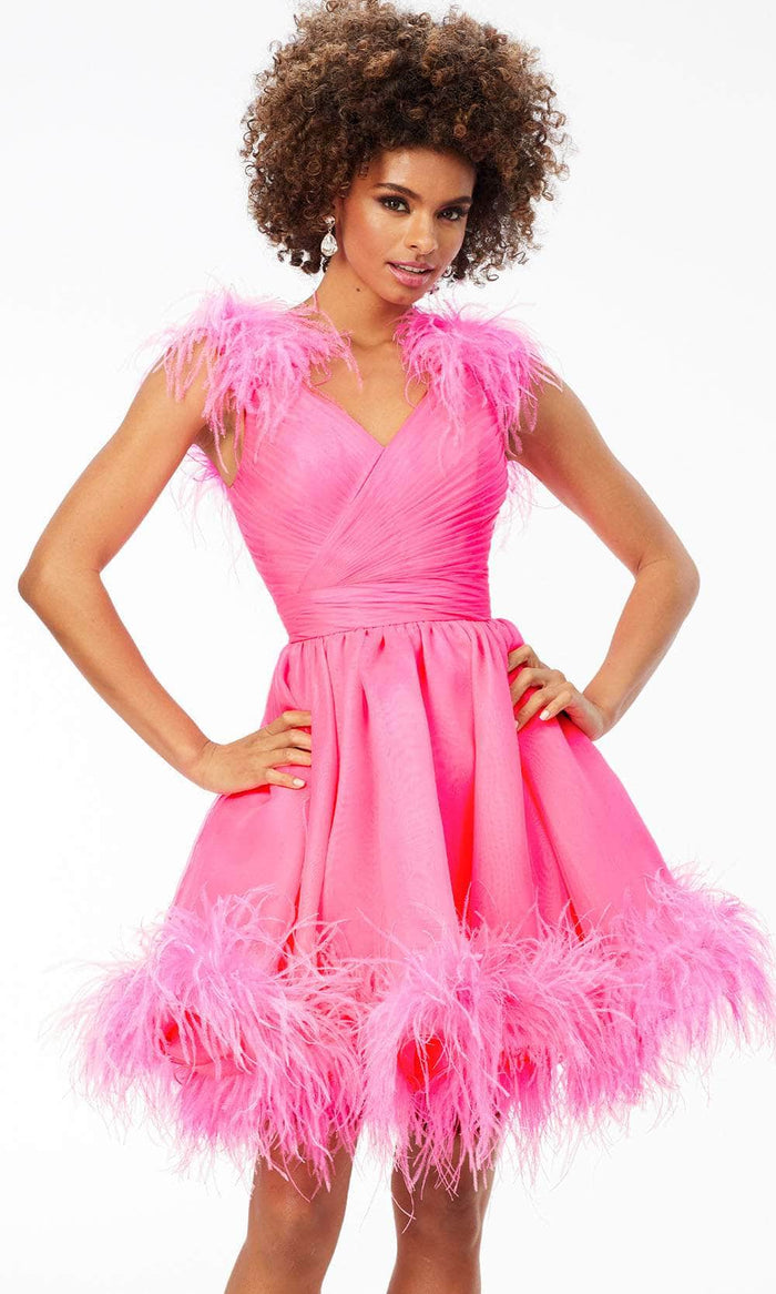 Ashley Lauren 4544 - V-Neck Feathered Cocktail Dress Special Occasion Dress 0 / Hot Pink