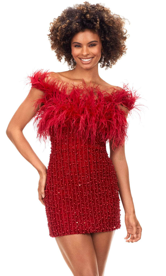 Ashley Lauren 4566 - Pearl Embellished Feather Short Dress