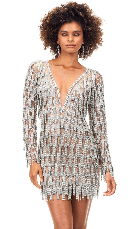 Ashley Lauren 4569 - Long Sleeve Embellished Fringe Dress