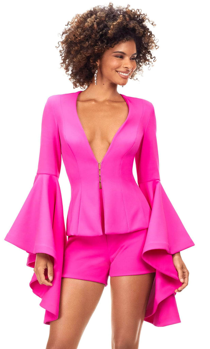 Ashley Lauren 4572 - Two-Piece Long Sleeved Romper Special Occasion Dress 0 / Fuchsia
