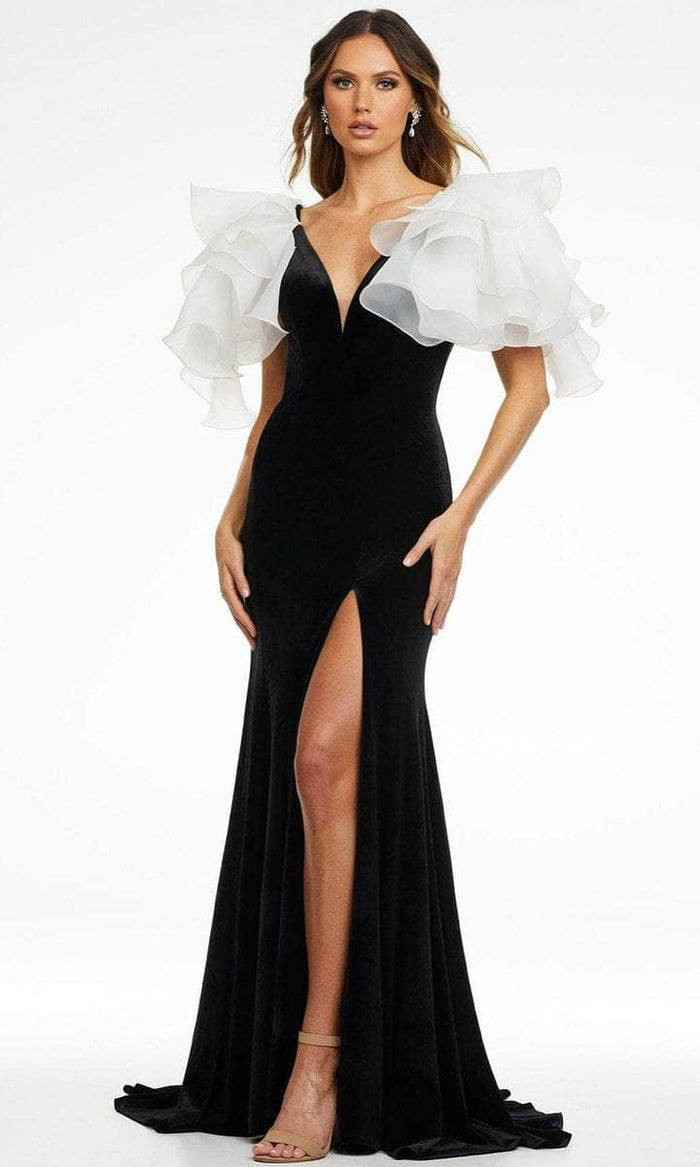 Ashley Lauren - Ruffled Elbow Sleeve Evening Gown 11172 CCSALE 8 / Black/Ivory