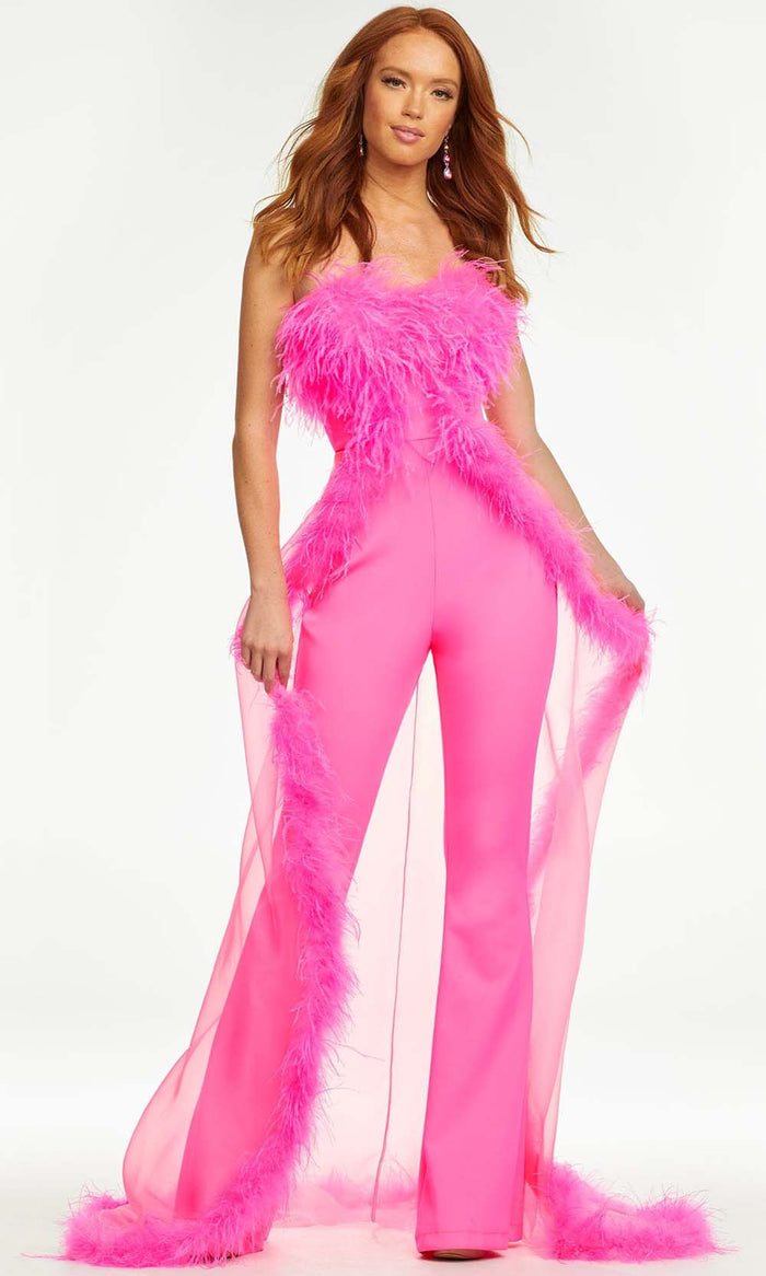 Ashley Lauren -   Strapless Feather Overskirt Jumpsuit Evening Dresses 0 / Hot Pink