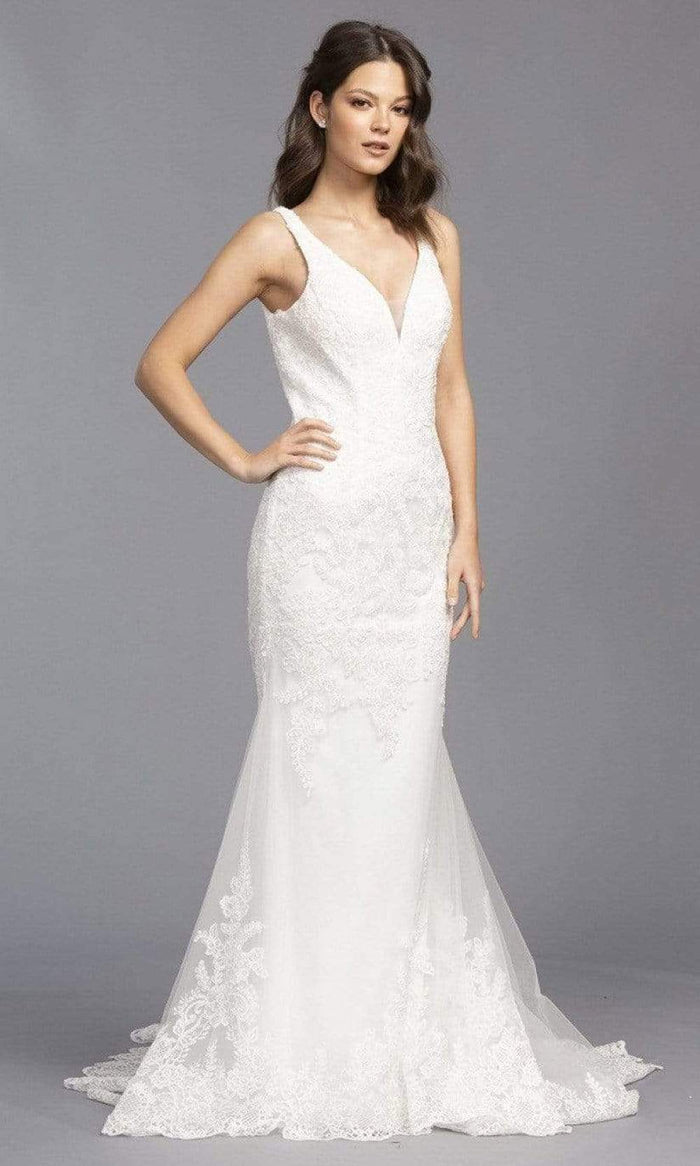Aspeed Bridal - L2143 V Neck Embroidered Tulle Bridal Gown Wedding Dresses XXS / Off White