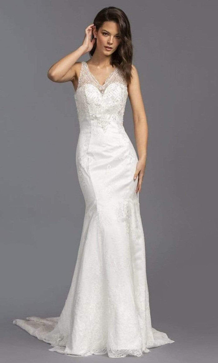 Aspeed Bridal - L2145 V Neck Beaded Accented Lace Bridal Wedding Dresses XXS / Off White