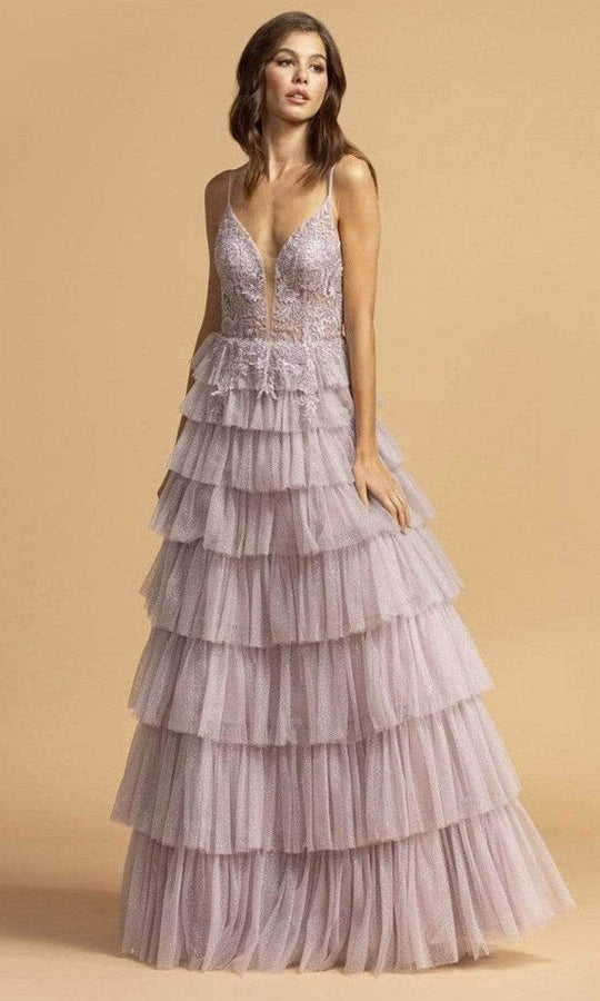 Aspeed Design - Appliqued Tiered Evening Dress L2254 - 1 pc Mauve In Size XXS Available CCSALE XXS / Mauve