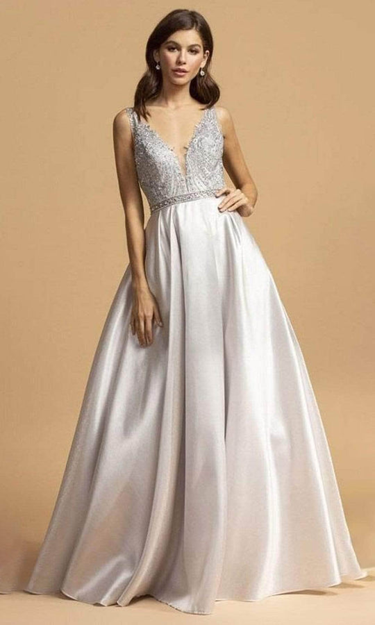 Aspeed Design - Appliqued V-Neck A-Line Prom Dress L2168 - 1 pc Silver In Size S Available CCSALE S / Silver