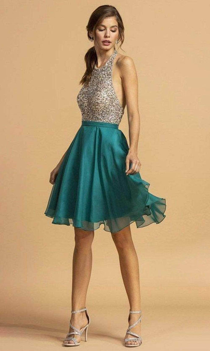 Aspeed Design - Bejeweled Halter A-Line Cocktail Dress S2140 - 1 pc Teal In Size XS Available CCSALE XS / Teal