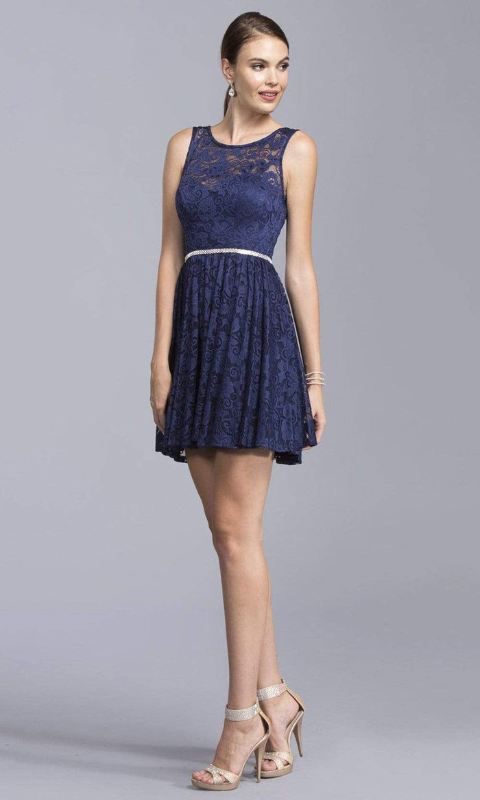 Aspeed Design - D124 Short Bejeweled Waist Lace Dress Homecoming Dresses XXS / Navy