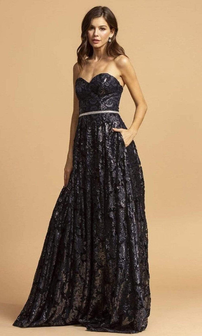 Aspeed Design - D321 Strapless Jacquard Sweetheart Gown Prom Dresses XXS / Navy