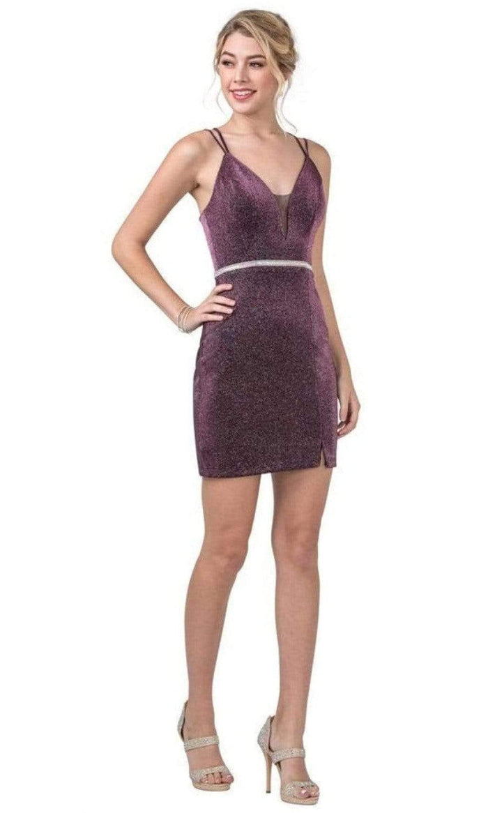 Aspeed Design - D419 Glittered V Neck Sheath Short Dress Homecoming Dresses XXS / Plum