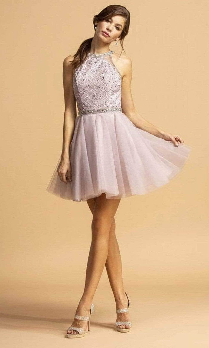 Aspeed Design - Embellished Halter Tulle Cocktail Dress S2095 - 1 pc Mauve In Size M Available CCSALE M / Mauve