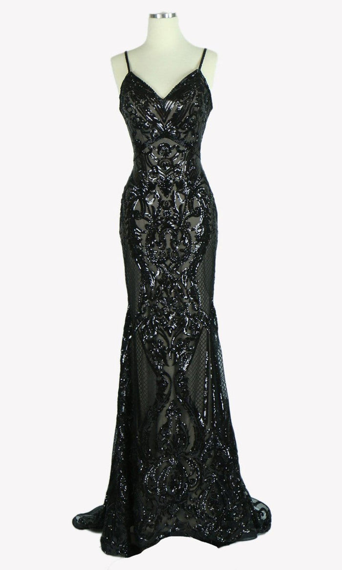 Aspeed Design - L1982 Long Sequined Spaghetti Strap Dress Evening Dresses XXS / Black