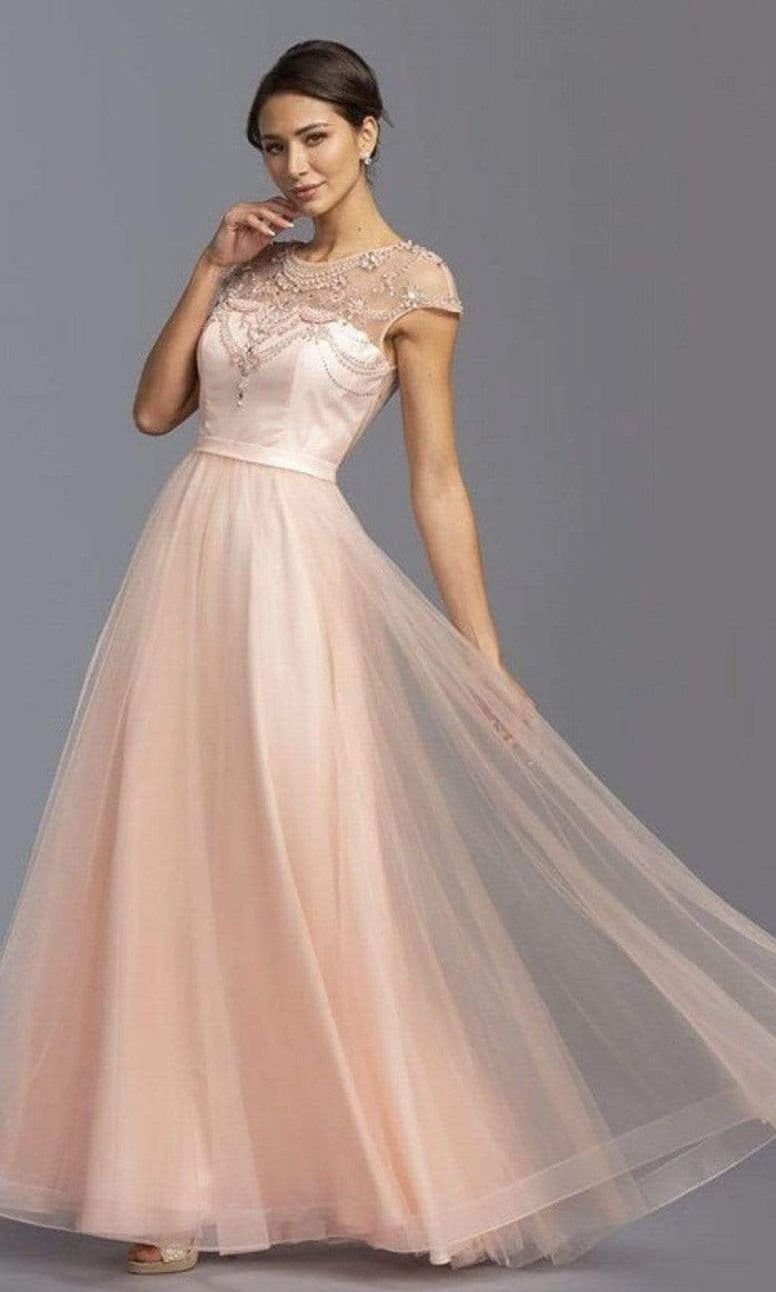 Aspeed Design - L2069 Illusion Jewel Cap Sleeves Evening Dress Evening Dresses XXS / Blush