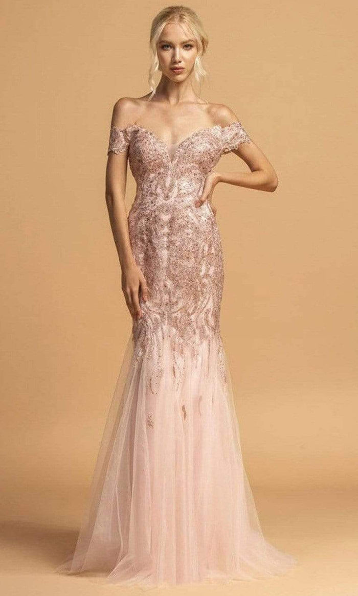 Aspeed Design - L2091 Embroidered Off Shoulder Tulle Gown Evening Dresses XXS / Blush