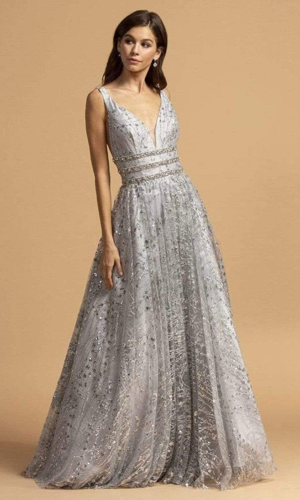 LF 7552 - Fit & Flare Prom Gown with Glitter Design and V-Neck – Diggz  Formals