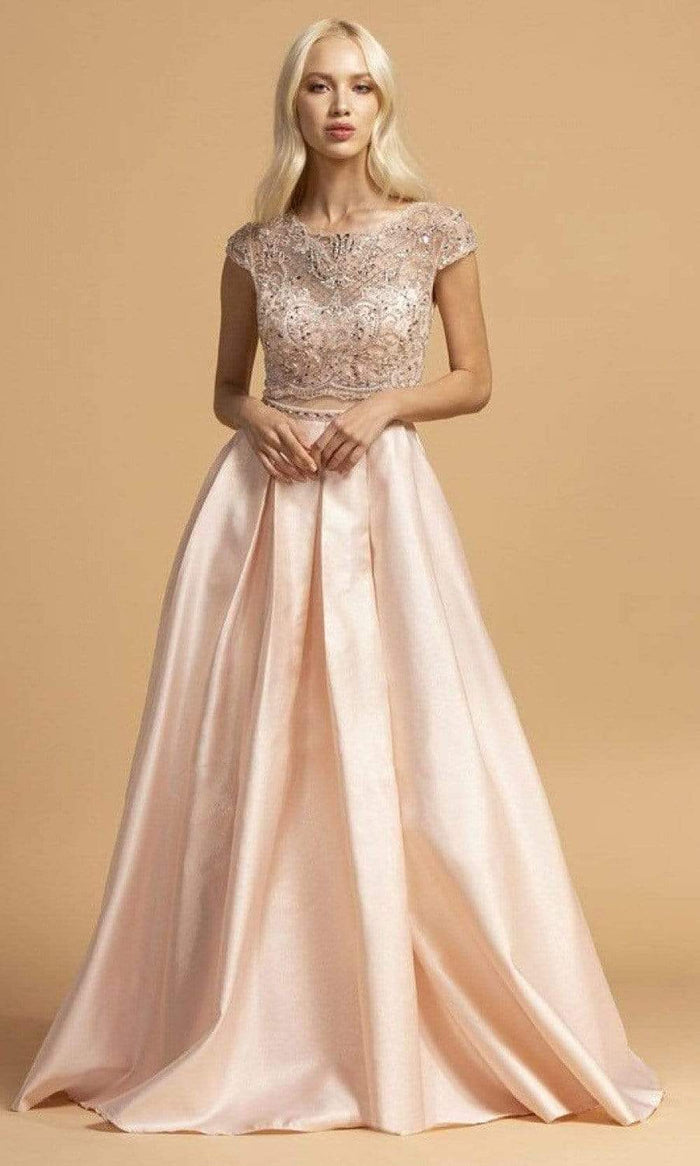 Aspeed Design - L2157 Faux Two-Piece Beaded Cap Sleeve Dress Mother of the Bride Dresses XXS / Blush