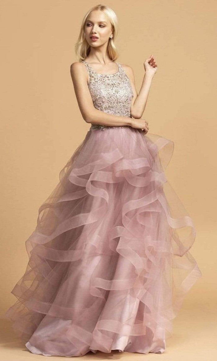 Aspeed Design - L2160 Lace Bodice Tiered Tulle Dress Prom Dresses XXS / Mauve