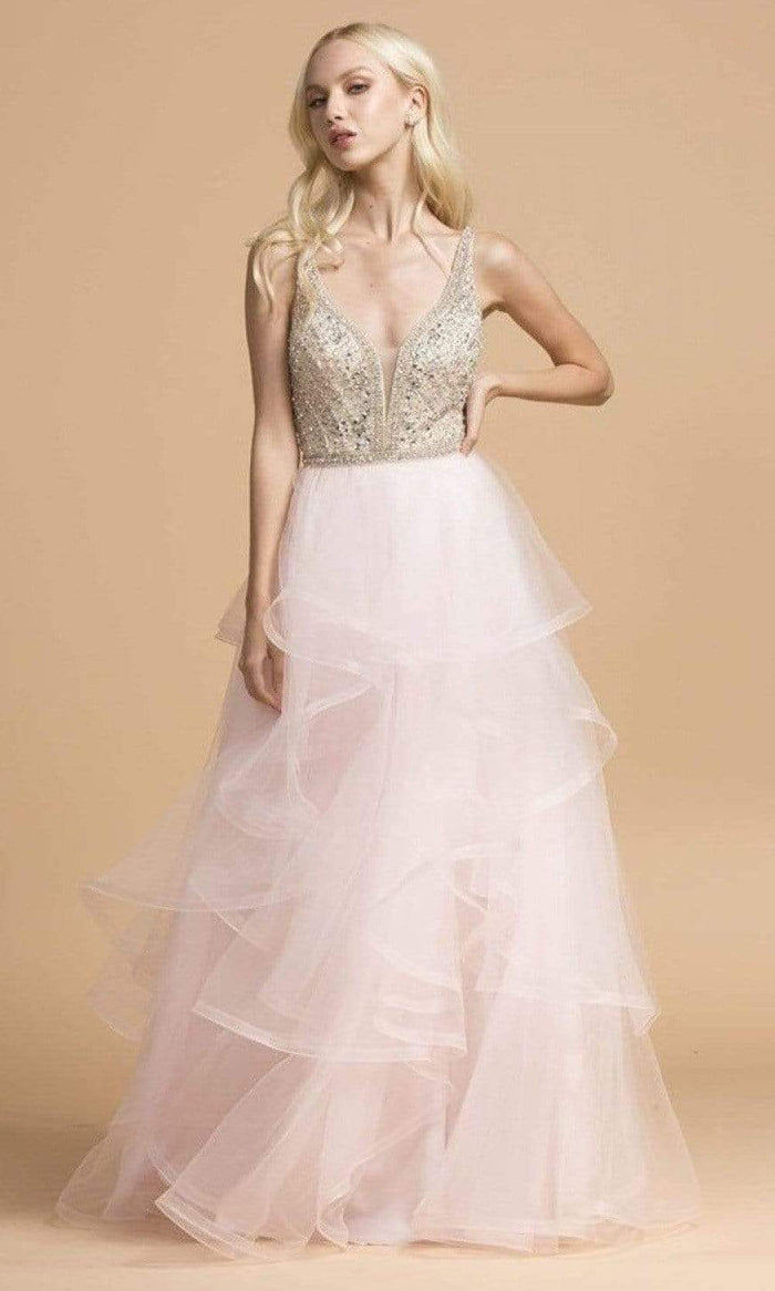 Aspeed Design - L2162 Beaded V-Neck Tiered Tulle Dress Prom Dresses XXS / Blush