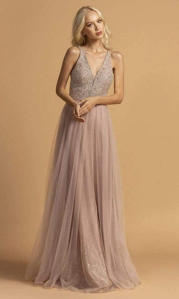 Aspeed Design - L2165 Sleeveless Beaded Tulle A-Line Dress Prom Dresses XXS / Mauve