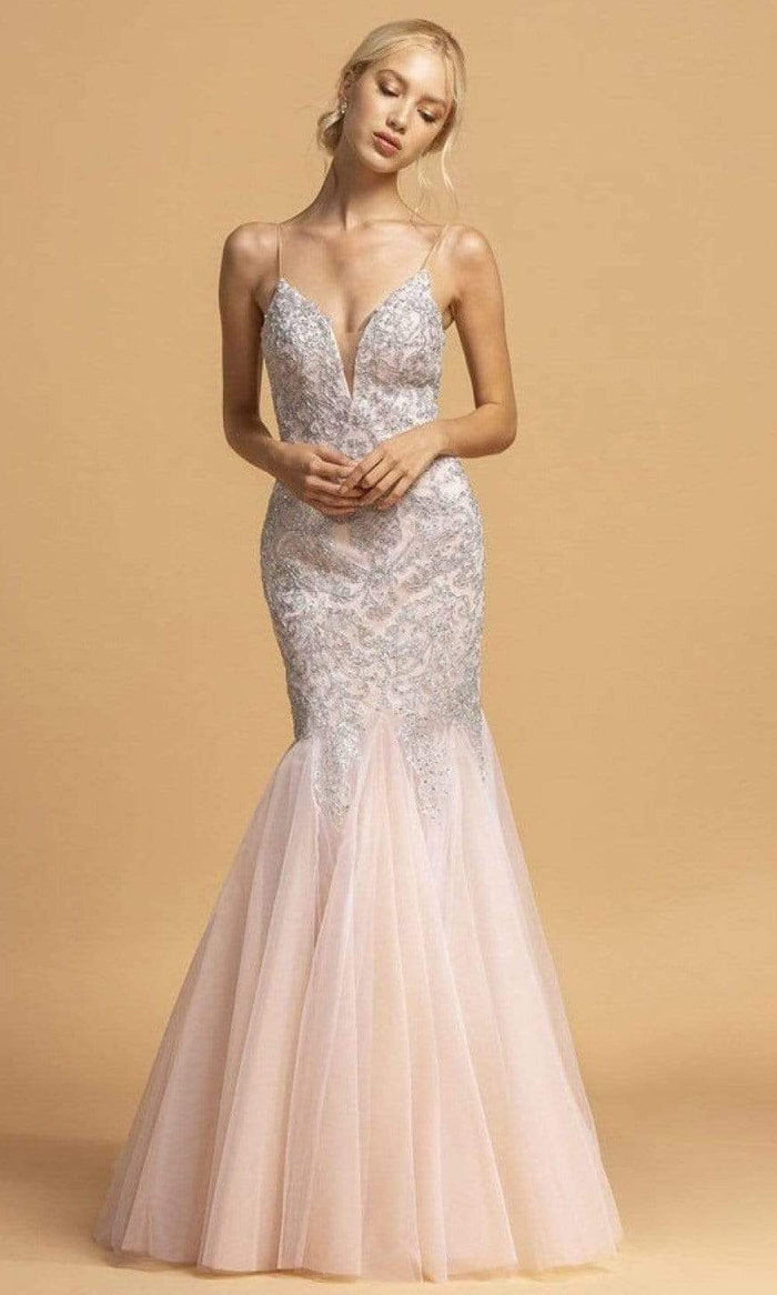 Aspeed Design - L2169 Thin Strap Embellished Mermaid Dress Evening Dresses XXS / Champagne