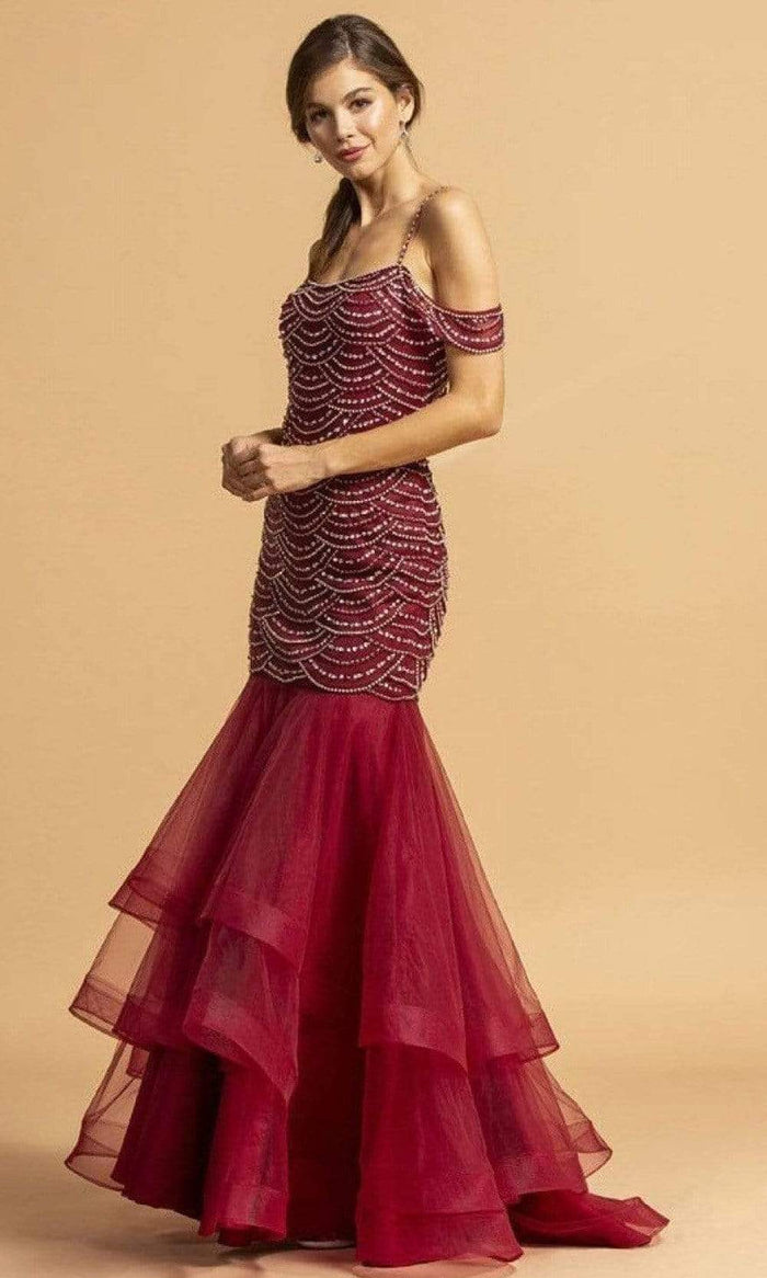 Aspeed Design - L2175 Scallop Motif Cold Shoulder Dress Evening Dresses XXS / Burgundy