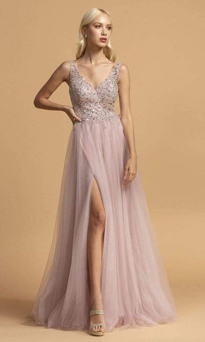 Aspeed Design - L2201 Beaded V-Neck Tulle High Slit Dress Prom Dresses XXS / Mauve