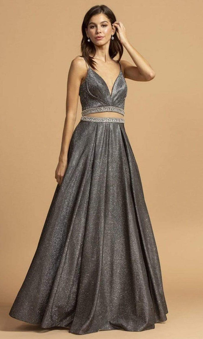 Aspeed Design - L2213 Faux Two-Piece Glitter A-Line Dress Prom Dresses XXS / Black