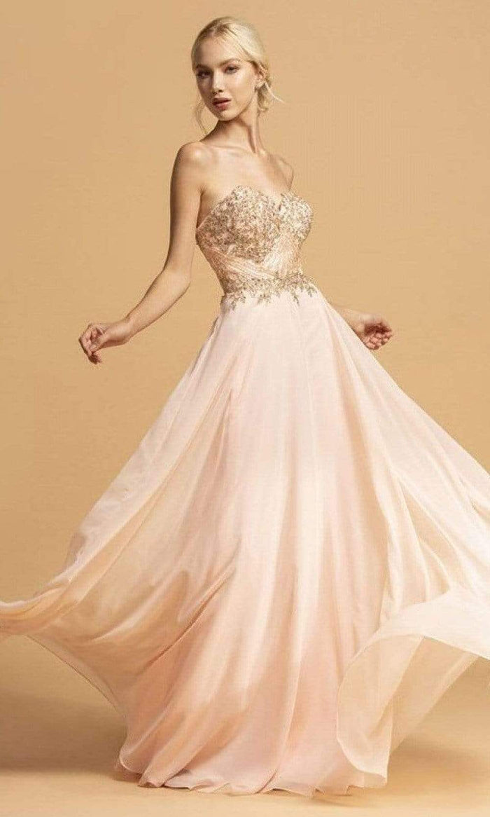 Aspeed Design - L2214 Strapless Metallic Applique A-Line Dress Prom Dresses XXS / Blush