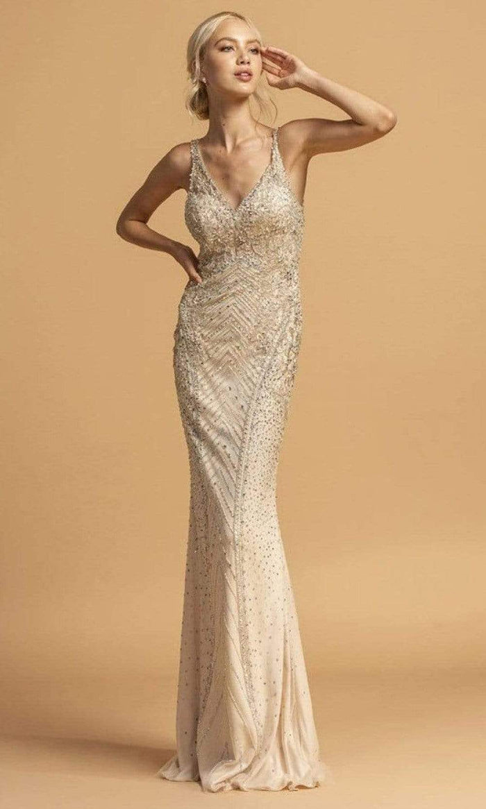 Aspeed Design - L2228 Rhinestone Embellished Long Dress Evening Dresses XXS / Champagne