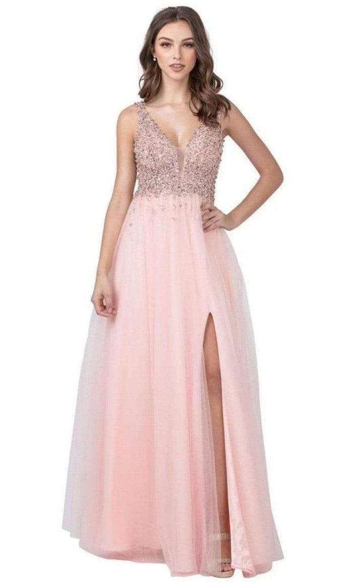 Aspeed Design - L2234 Plunging V-Neck Beaded High Slit Dress Prom Dresses XXS / Blush