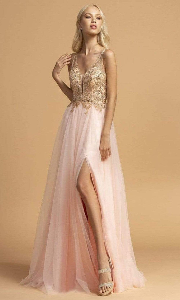 Aspeed Design - L2239 Sleeveless Plunging V-Neck A-Line Dress Prom Dresses XXS / Blush