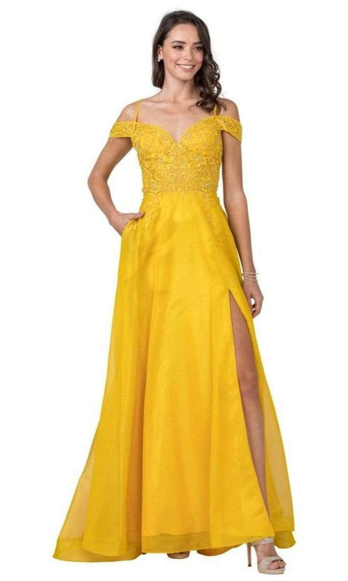 Aspeed Design - L2361 Cold Shoulder Lace High Slit Dress Prom Dresses XXS / Canary Yellow