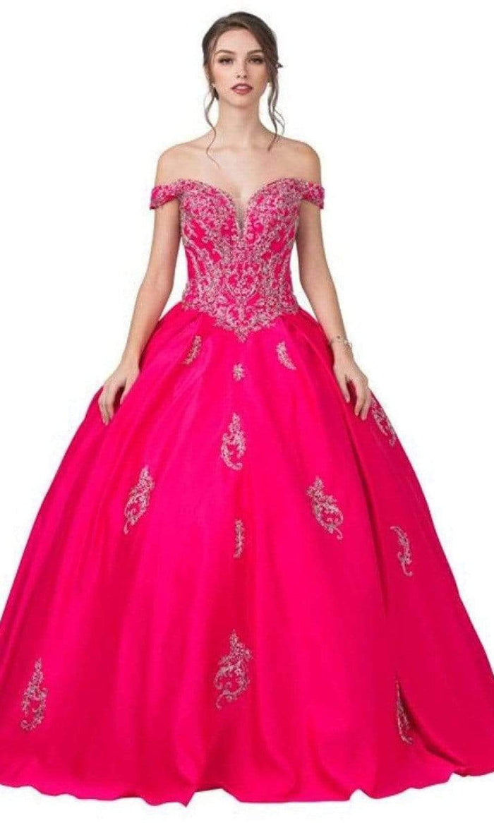 Aspeed Design - L2363 Off Shoulder Appliqued Ball Gown Quinceanera Dresses XXS / Hot Pink