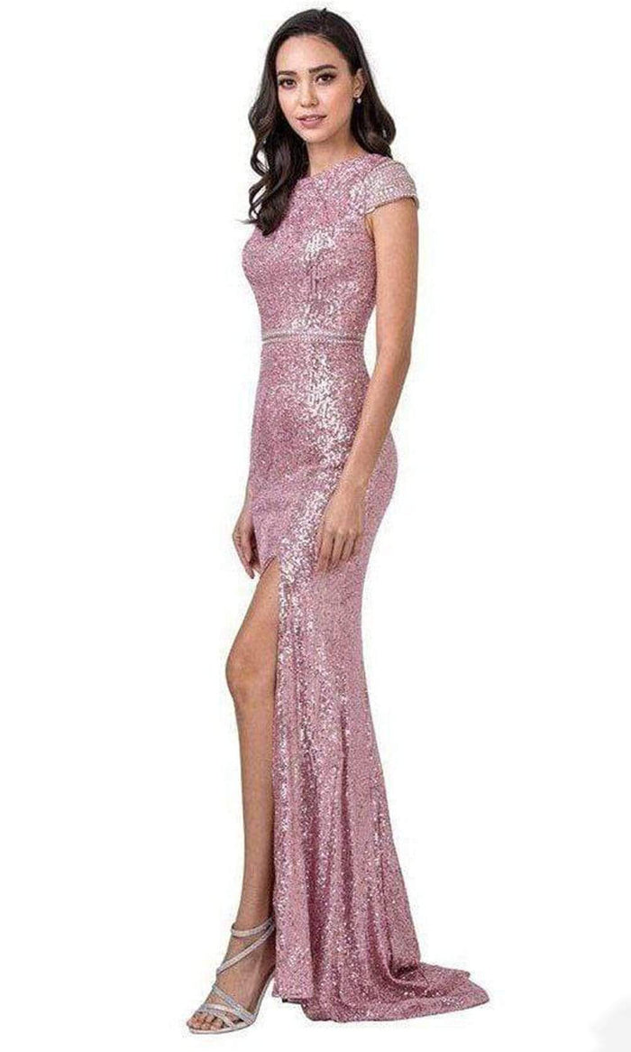 Aspeed Design - L2398 Cap Sleeve Sequined High Slit Dress Evening Dresses XXS / Pink