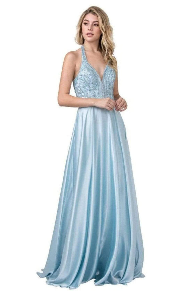 Aspeed Design - L2405 Ornate Plunging Halter Satin Dress Prom Dresses XXS / Ice Blue