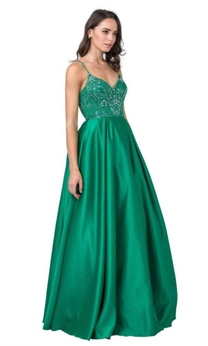 Aspeed Design - L2454 Beaded Satin A-Line Dress Prom Dresses XXS / Emerald
