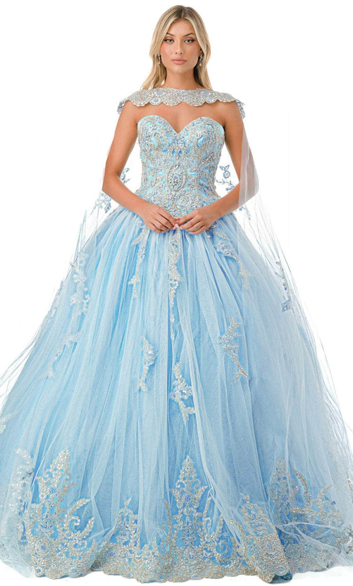 Aspeed Design L2726 - Strapless Ballgown with Sheer Cape Ball Gowns XS / Blue