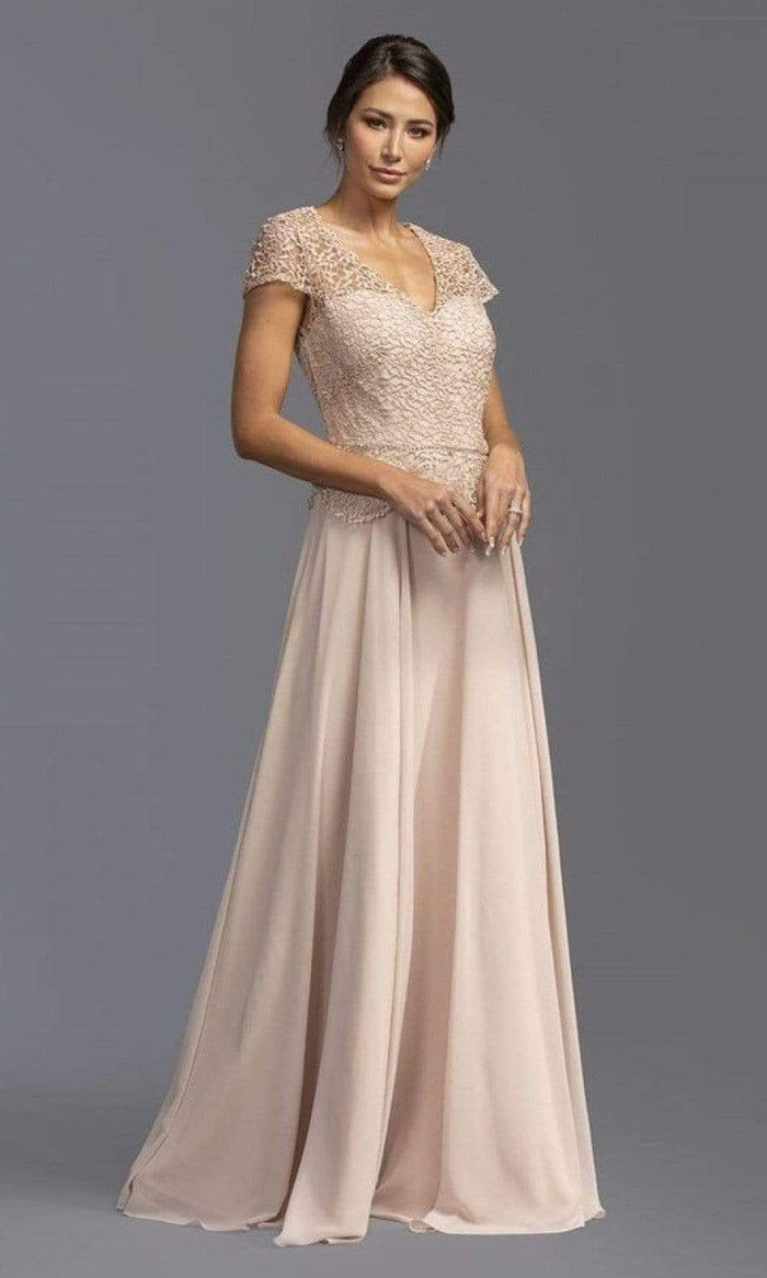 Aspeed Design - M2083 Short Sleeve Lace Peplum Dress Mother of the Bride Dresses XXS / Champagne