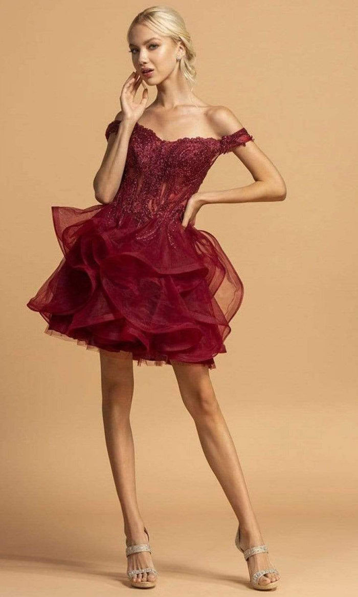 Aspeed Design - S2094 Off Shoulder Organza Short Dress Homecoming Dresses XXS / Burgundy