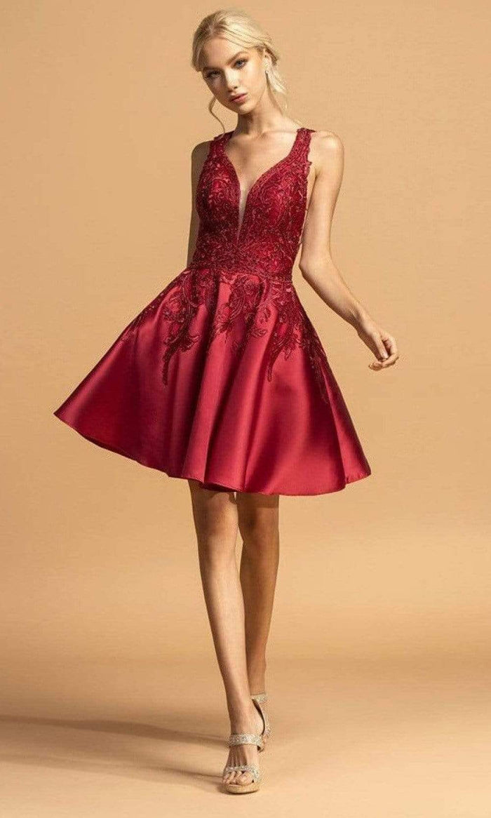 Aspeed Design - S2115 Sleeveless Embroidered Satin Dress Homecoming Dresses XXS / Burgundy